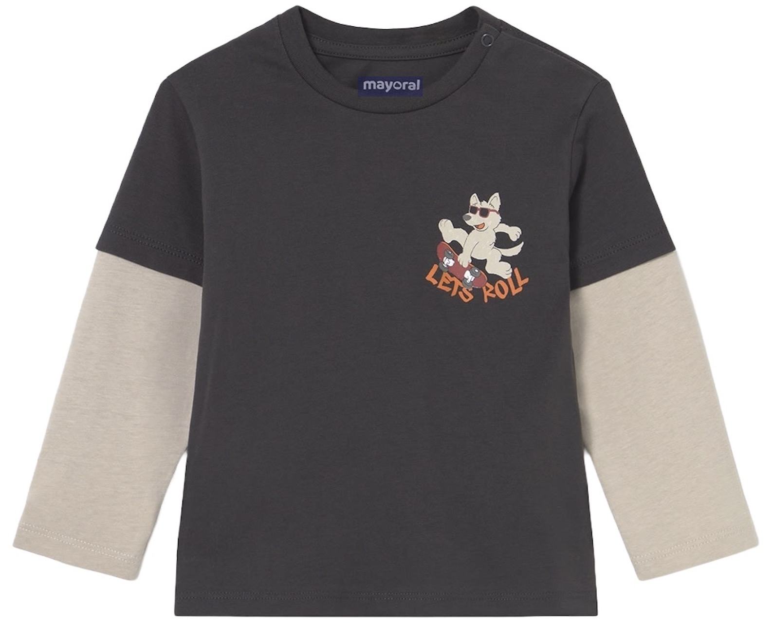 Tricou cu mânecă dublă  Mayoral - Cățeluș pe skateboard, gri , 18 luni