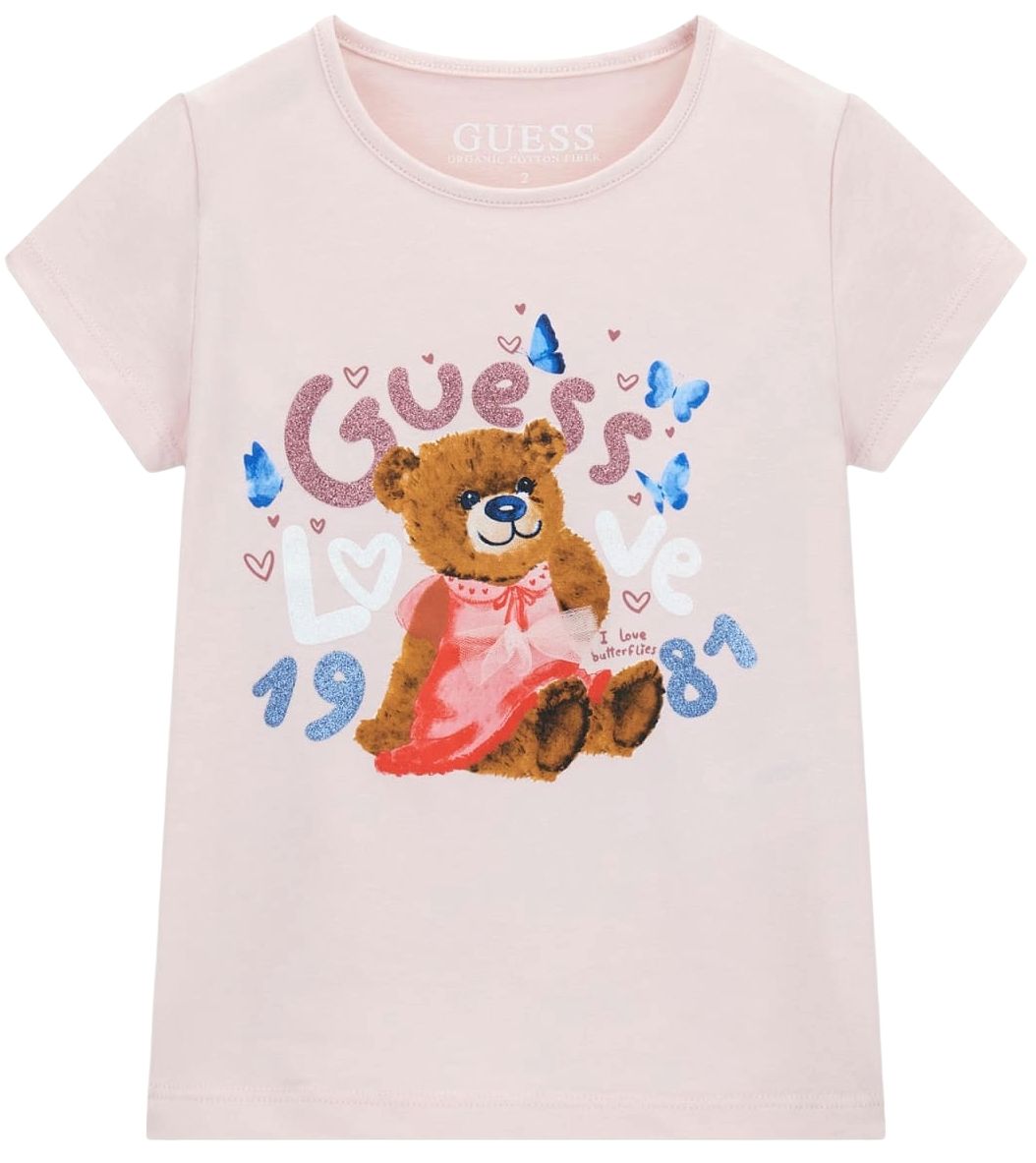 Tricou cu mânecă scurtă Guess - Ursuleț cu rochie, roz, 6-9 luni
