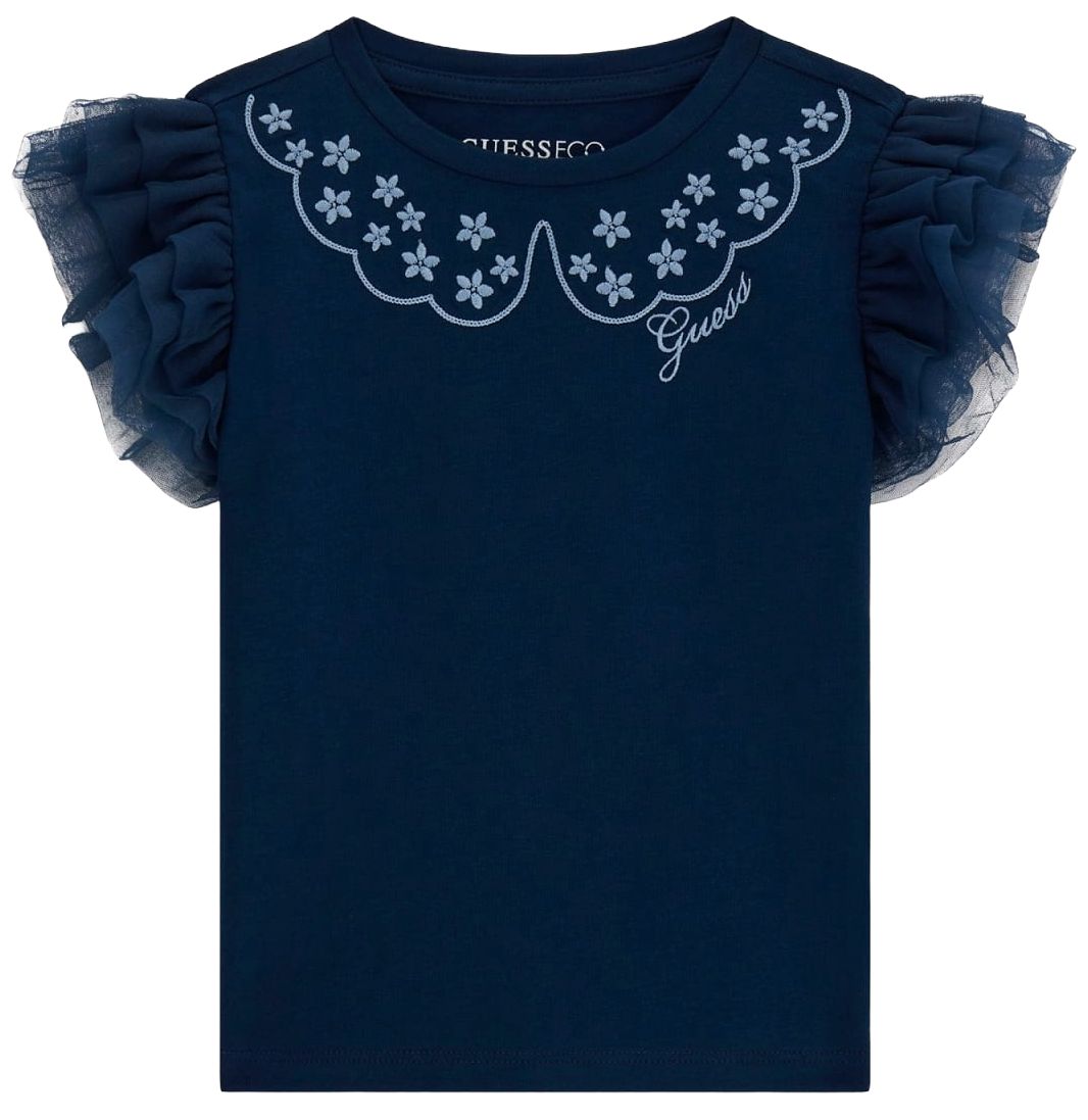 Tricou cu mânecă scurtă Guess - Cu volane, albastru închis, 24 luni