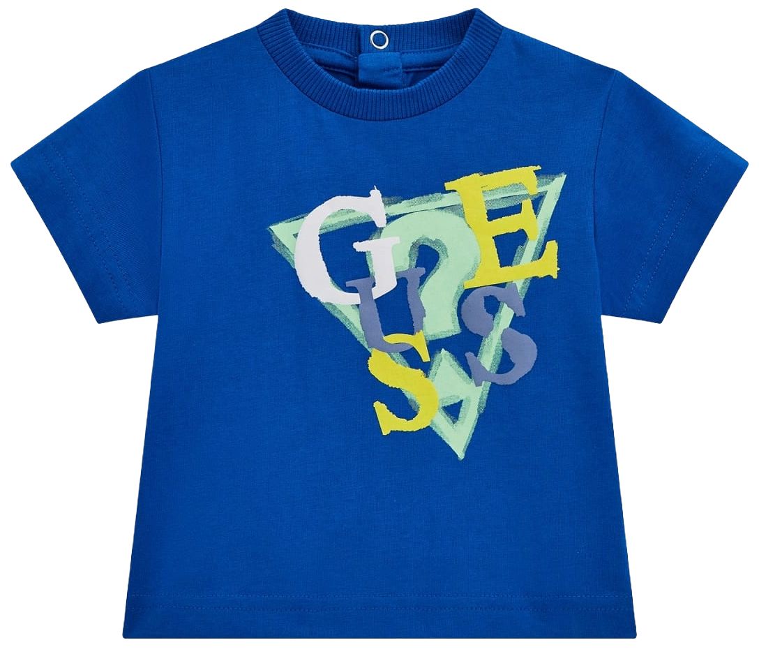 Tricou cu mânecă scurtă Guess - Cu litere colorate și nasturi pe gât, albastru, 18 luni