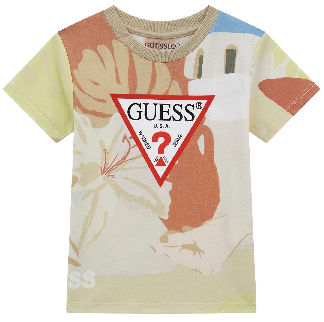 Tricou cu mânecă scurtă Guess - Cu semn de întrebare, bej, 18 luni