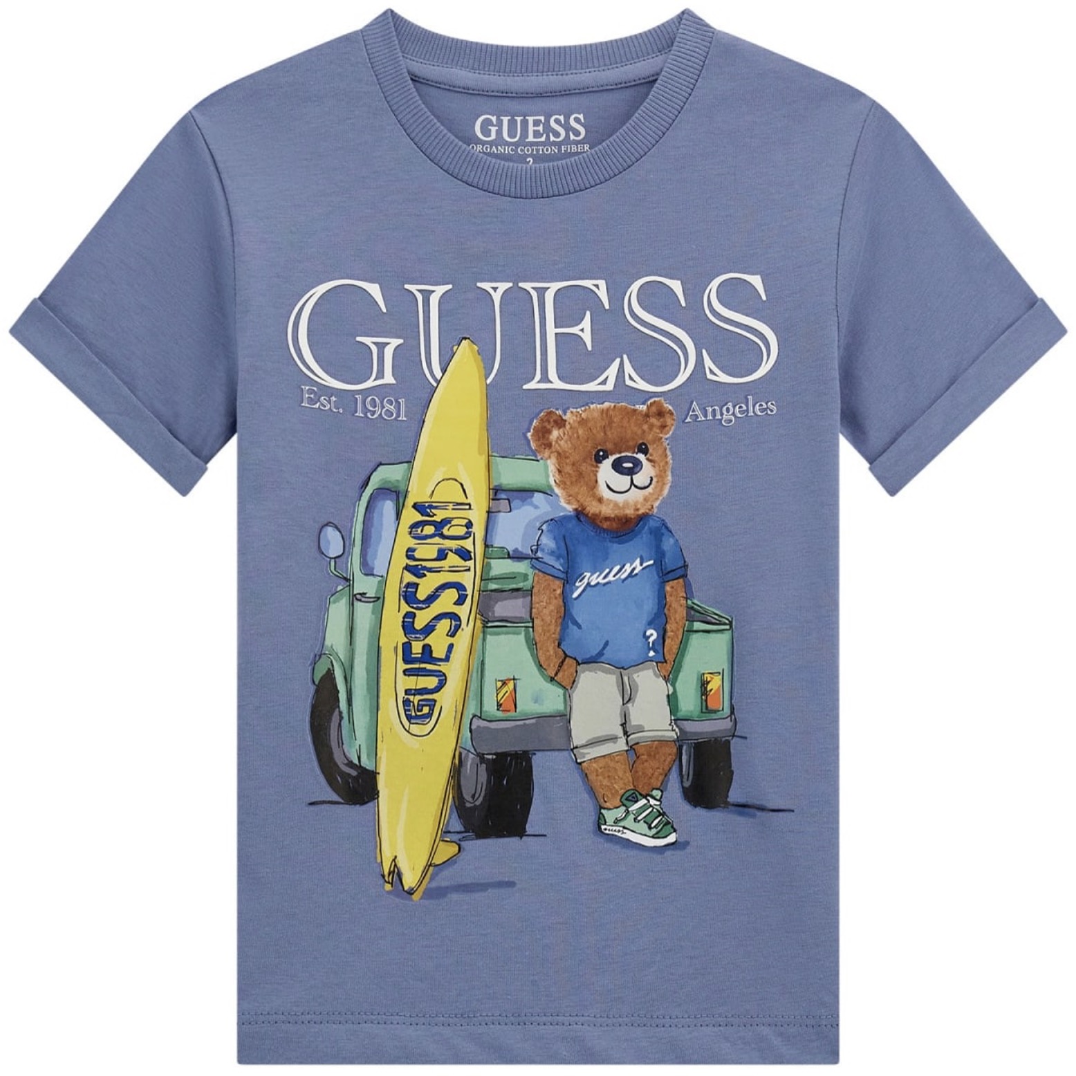 Tricou cu mânecă scurtă Guess - Imprimătură cu ursuleț și camion, albastru, 18 luni