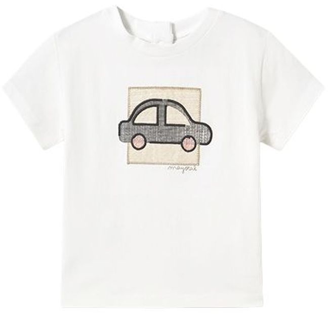 Tricou cu mânecă scurtă Mayoral - Alb, cu mașinuță, 12 luni