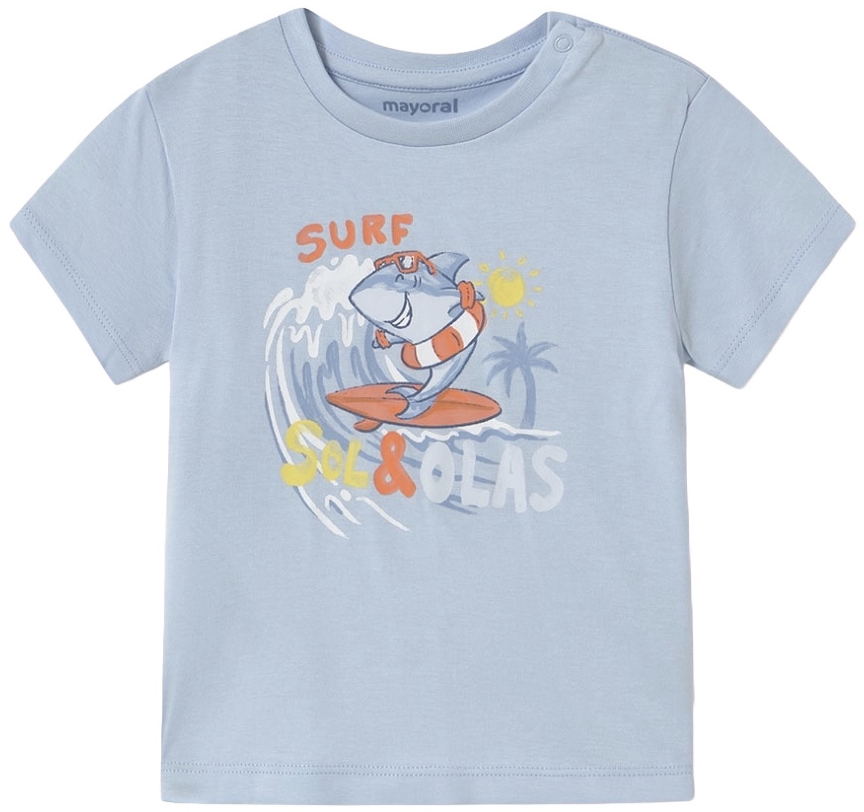 Tricou cu mânecă scurtă Mayoral - Cu imprimeu de rechin, albastru ceresc, 12 luni