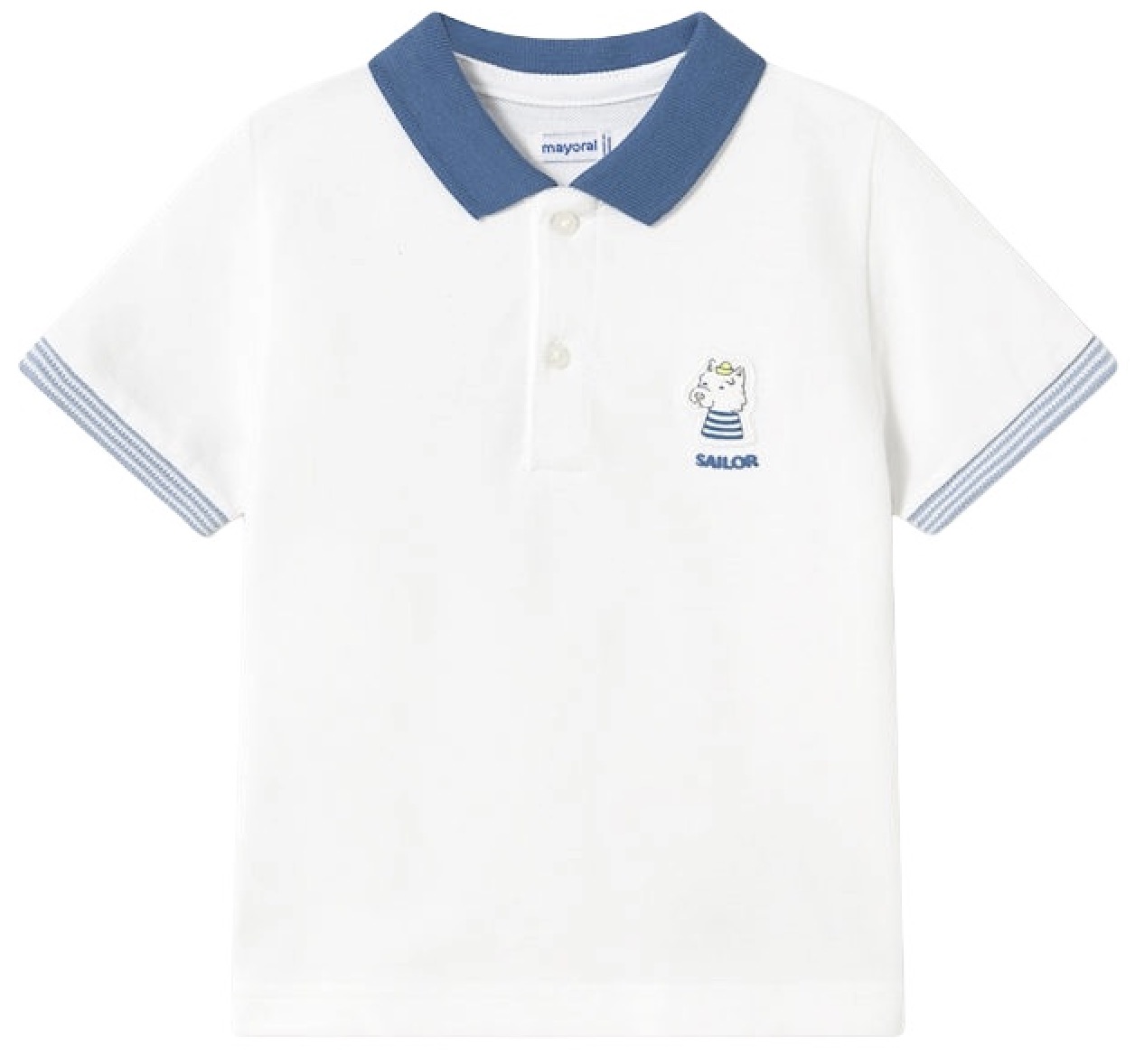 Tricou cu guler polo Mayoral - Alb, cu imprimeu, 6 luni