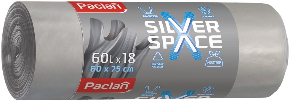 Saci de gunoi cu mânere Paclan - Silver Space, 60 l, 18 bucăți, gri