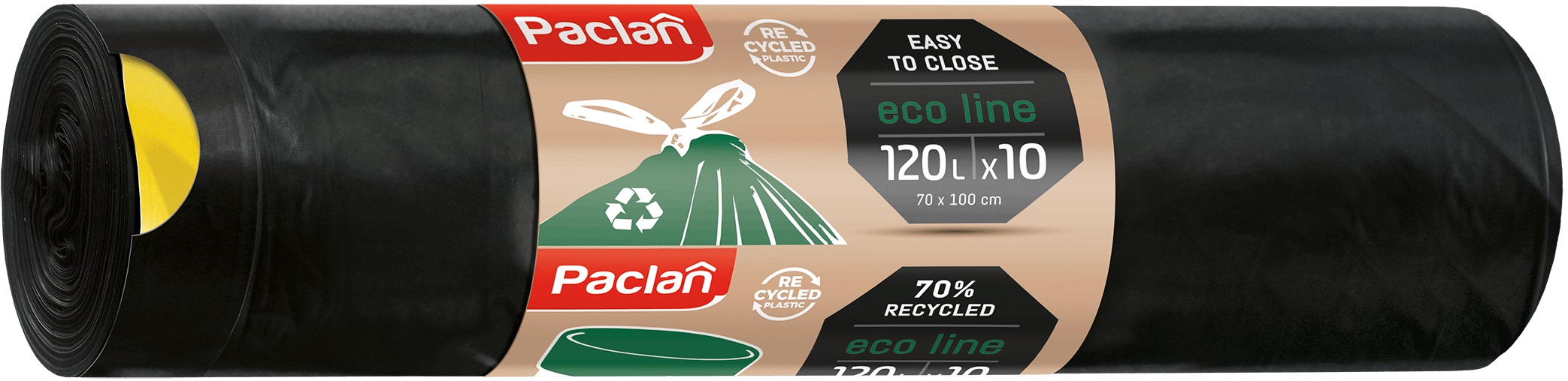 Saci de gunoi cu legături Paclan - Ecoline, 120 l, 10 buc., negre