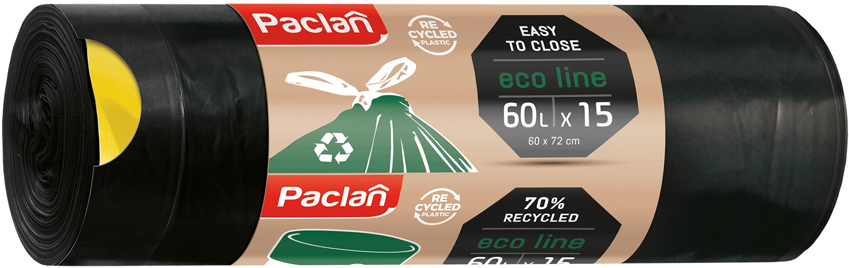 Saci de gunoi cu legături Paclan - Ecoline, 60 l, 15 buc., negre