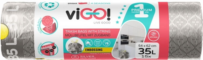Saci de gunoi cu legături viGO! - Premium #1, 35 l, 15 buc, argintiu