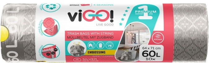Saci de gunoi cu legături viGO! - Premium #1, 60 l, 10 buc, argintiu