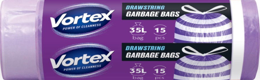 Saci de gunoi cu legături Vortex - Drawstring, 35 l, 15 buc