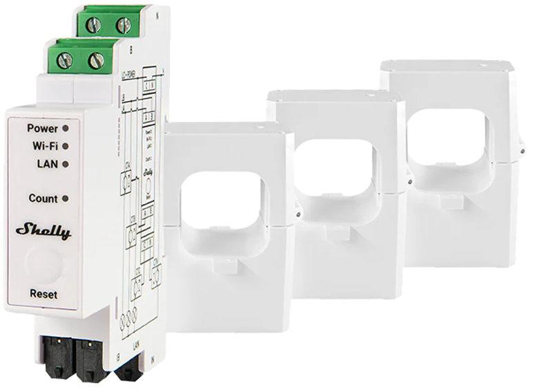 Contor electric trifazat Shelly Pro 3EM 400A, Wi-Fi, LAN, alb