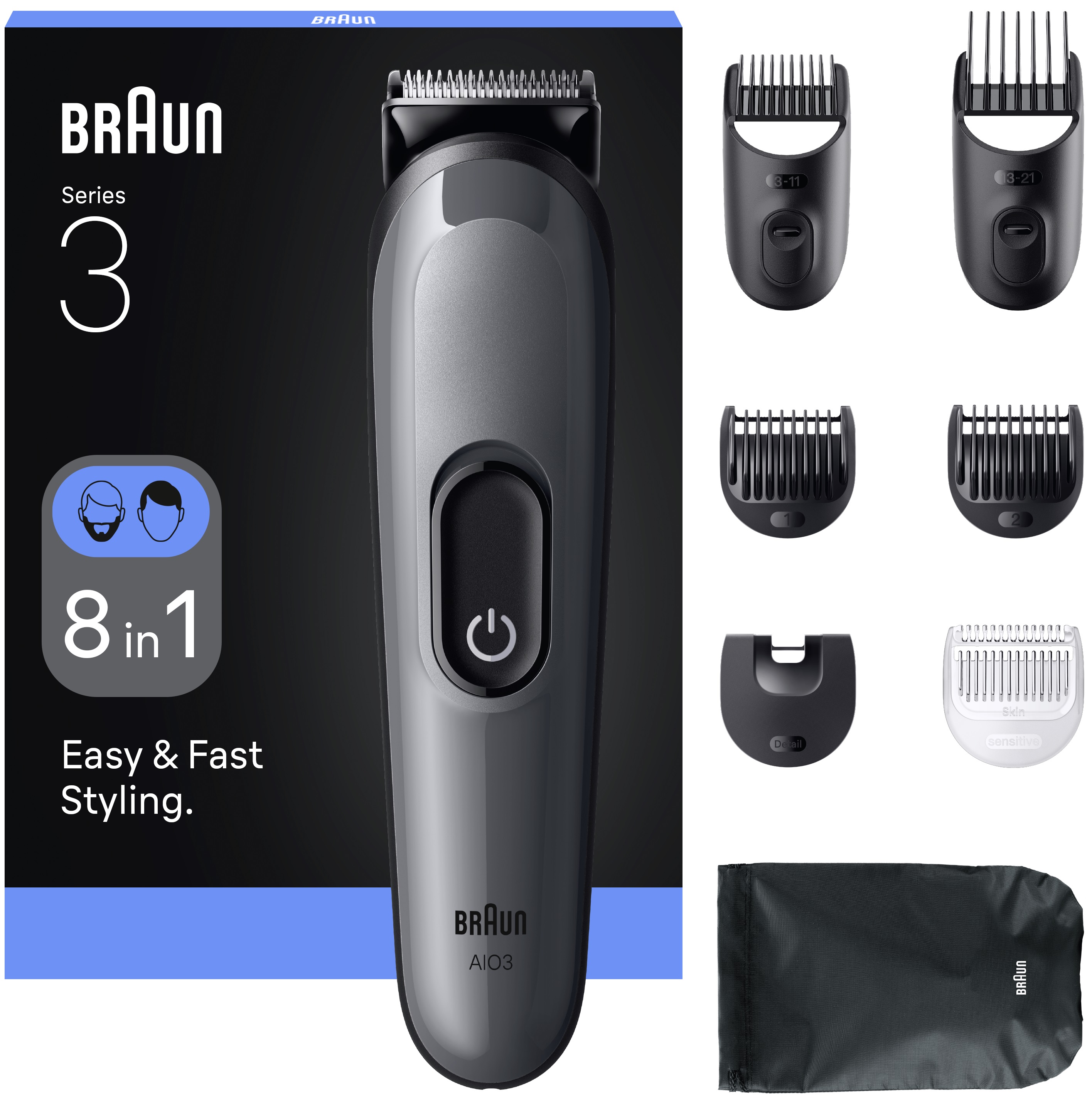 Trimmer pentru față/păr/corp Braun - AIO3540, MS/Grey