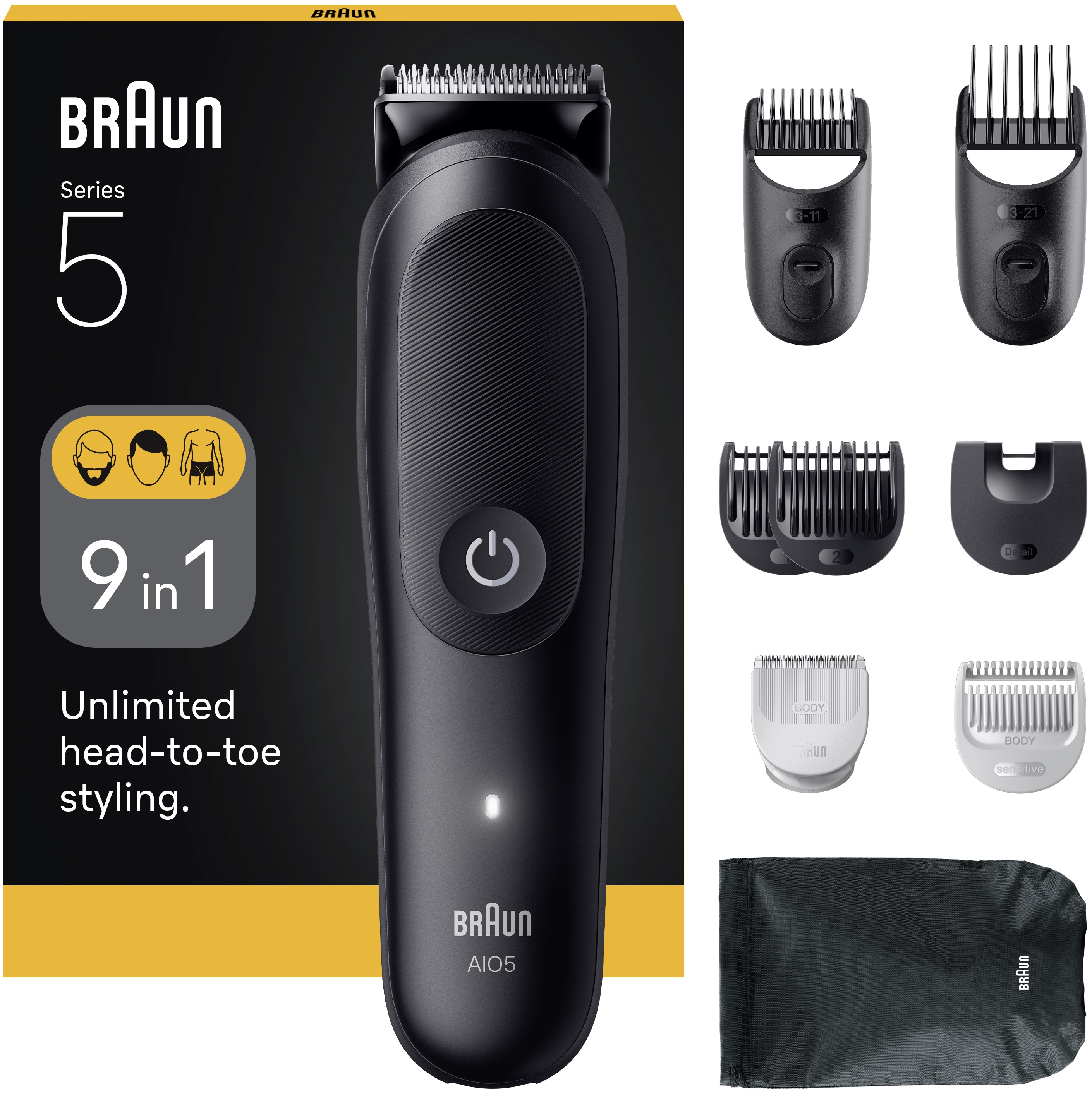 Trimmer pentru față/păr/corp Braun - AIO5540, Black/Mat