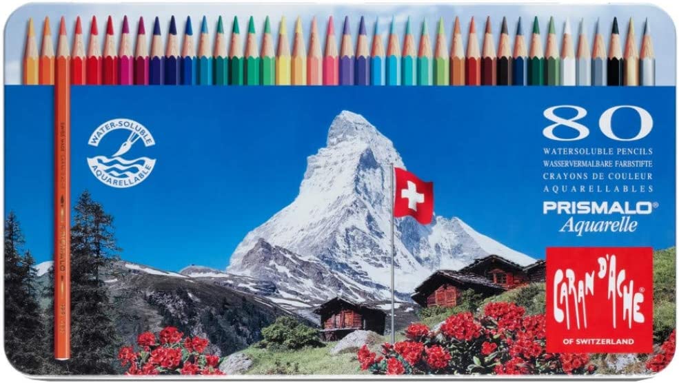 Creioane colorate pentru acuarelă Caran d'Ache Prismalo - 80 de culori, cutie metalică