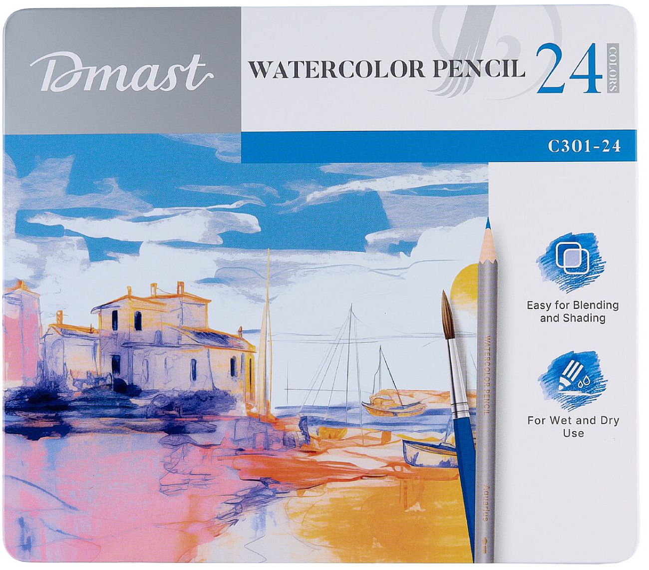 Creioane acuarela colorate  Deli Dmast - 24 culori, într-o cutie de metal