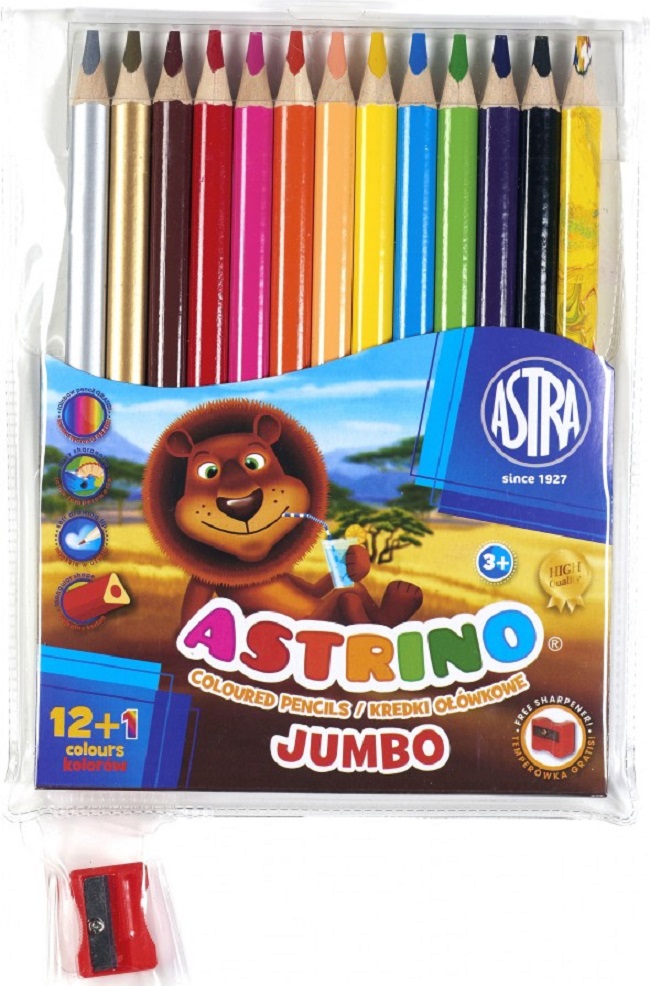 Creioane colorate  Astra - Astrino, 12 culori + ascutitoare si creion cadou
