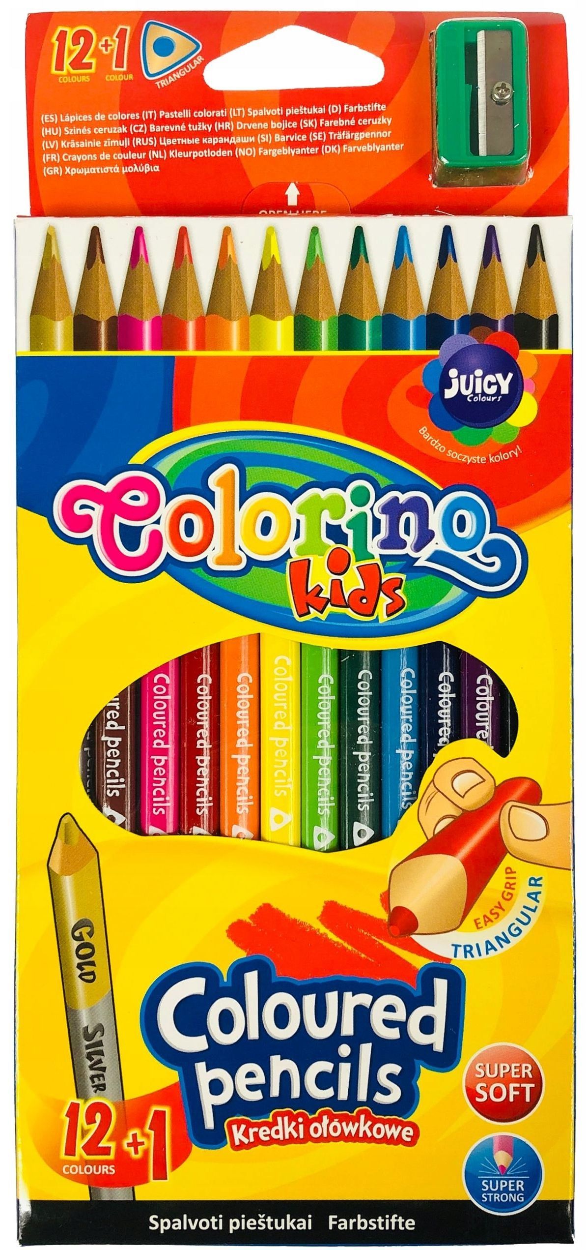 Creioane colorate Colorino Kids - triunghiulare, cu ascutitoare, 12 culori