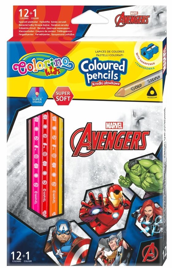 Creioane colorate triunghiulare Colorino Marvel Avengers 12 culori + 1 (cu ascutitoare)