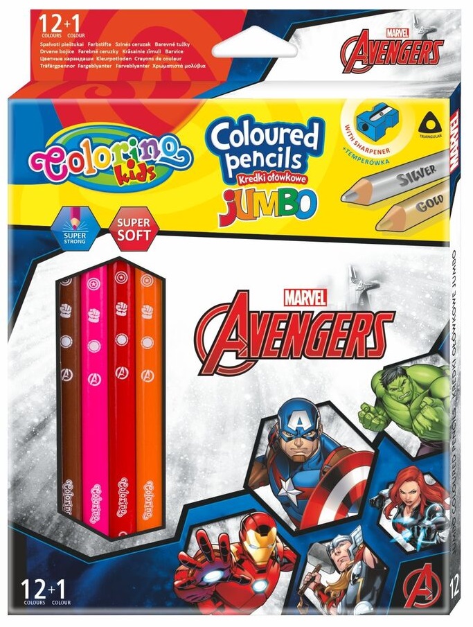 Creioane colorate triunghiulare Colorino - Marvel Avengers Jumbo, 12 culori + 1 ascutitoare