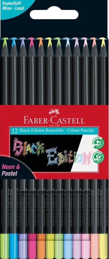 FABER-CASTELL BLACK EDITION CREIOANE 12 CULORI NEON ȘI CREIOANE COLORATE