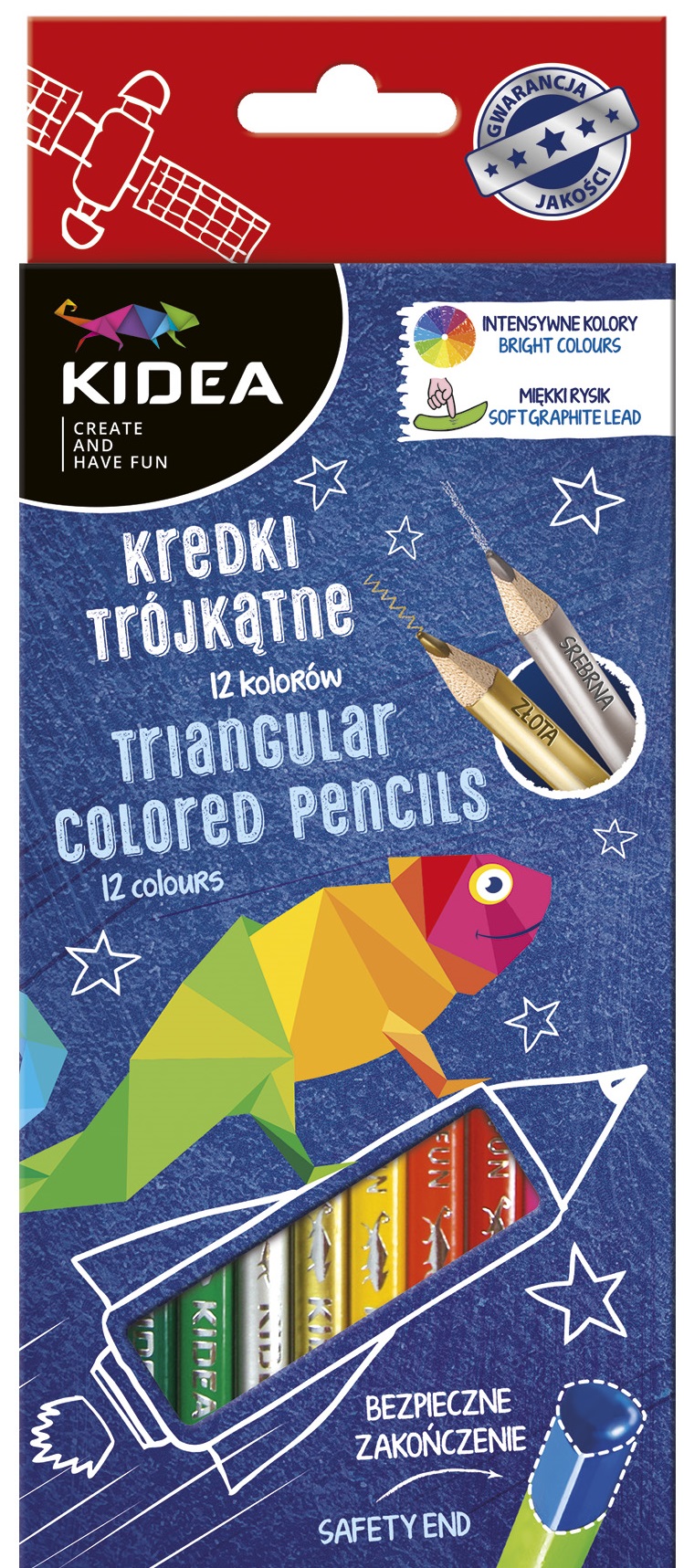 Creioane colorate Kidea - triunghiulare, 12 culori + auriu si argintiu