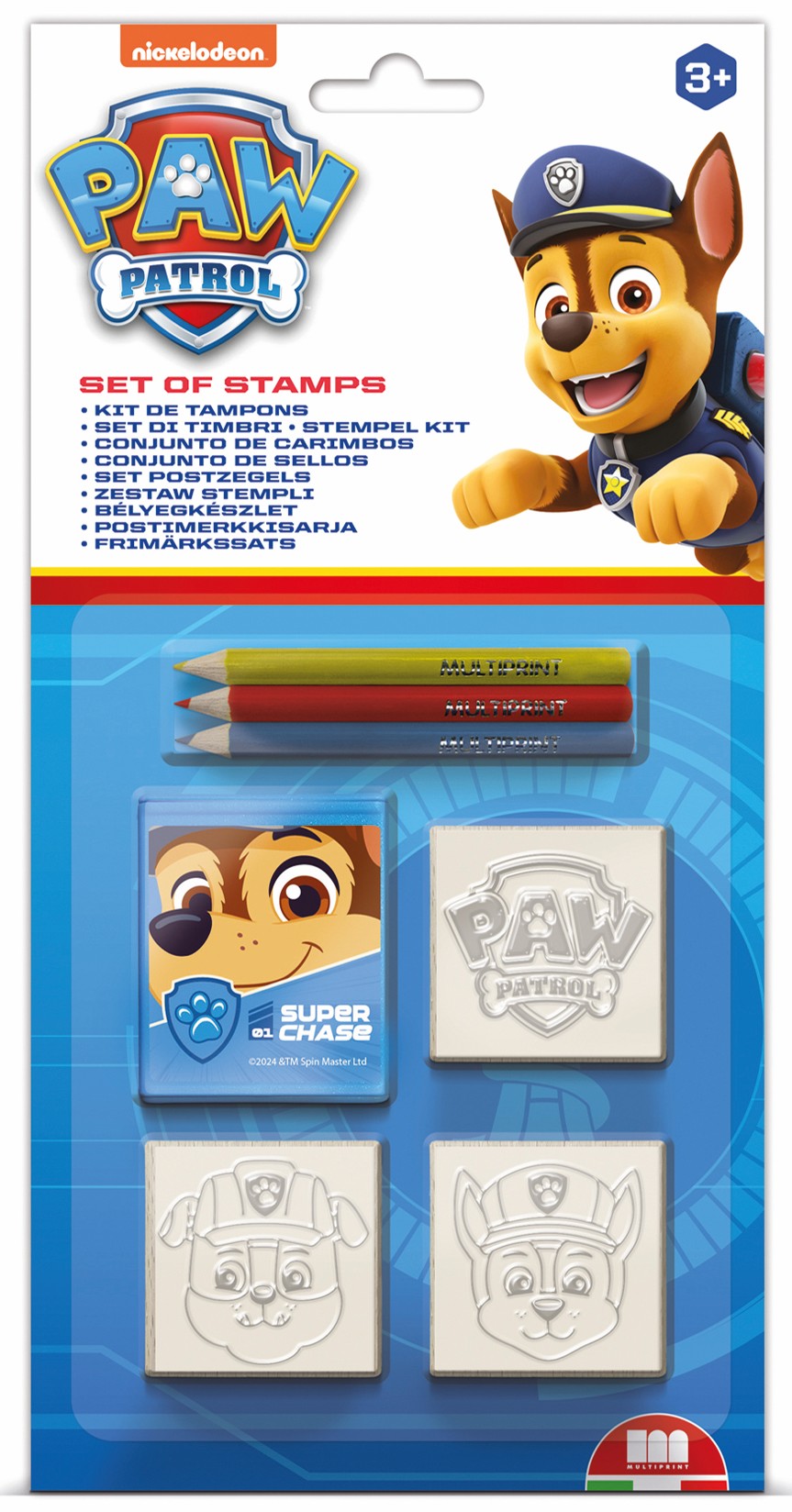 Set de creioane  Multiprint Paw Patrol - 3 bucăți, cu 3 ștampile, albastre