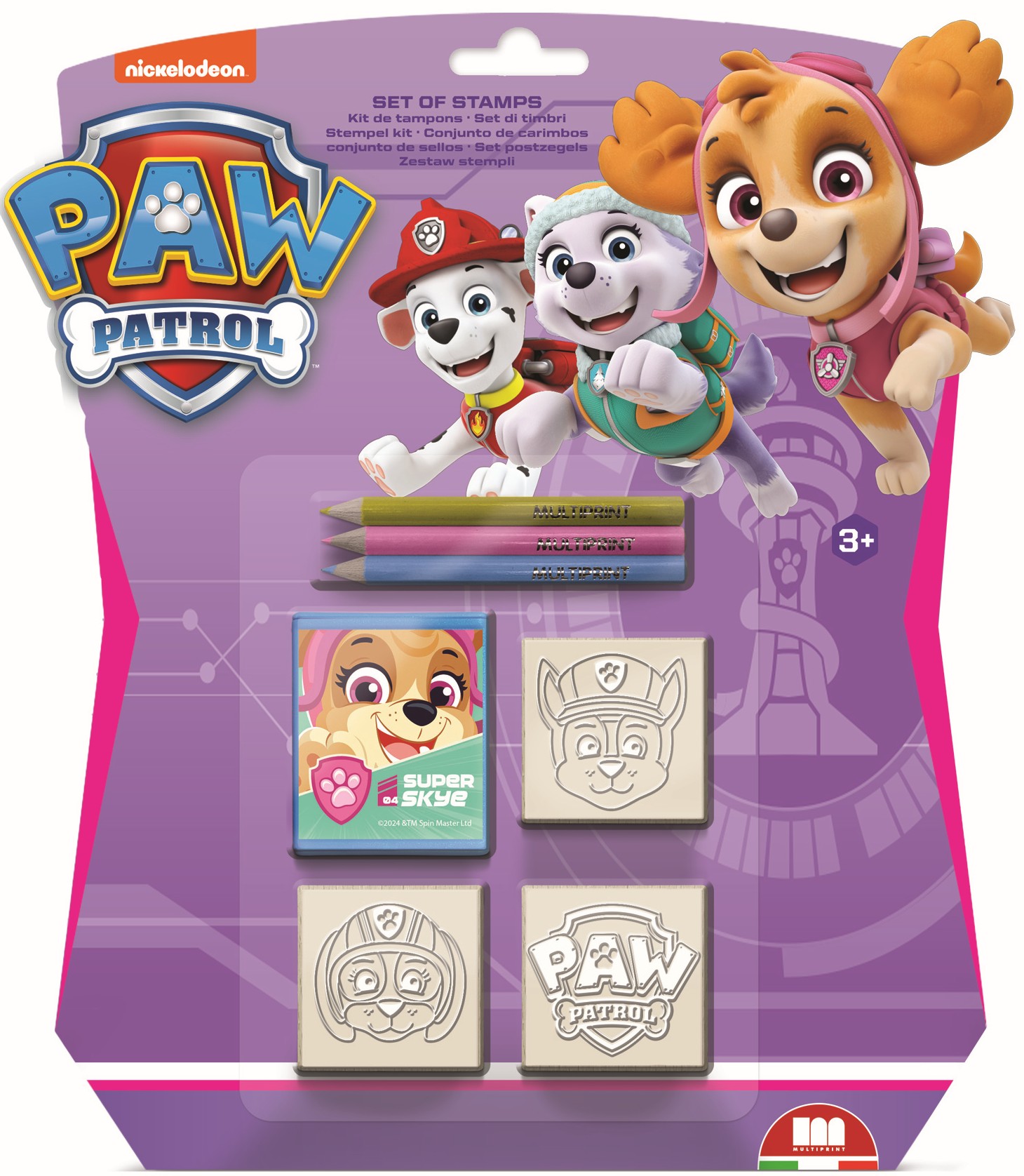 Set de creioane  Multiprint Paw Patrol - 3 bucăți, cu 3 ștampile, mov