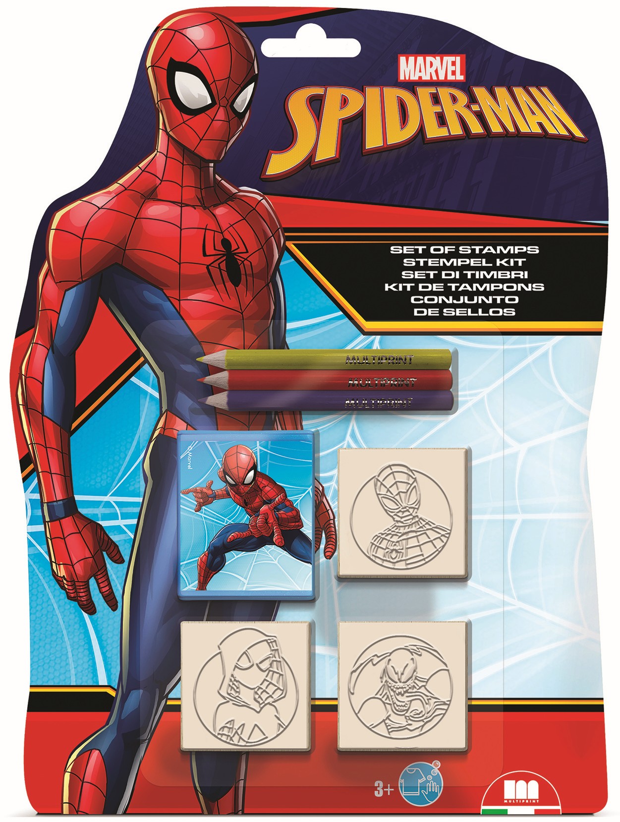 Set de creioane  Multiprint Spider-Man - 3 bucăți, cu 3 ștampile