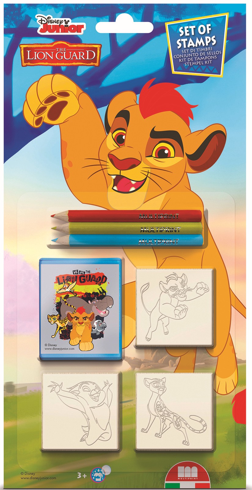Set de creioane  Multiprint The Lion Guard - 3 bucăți, cu 3 ștampile