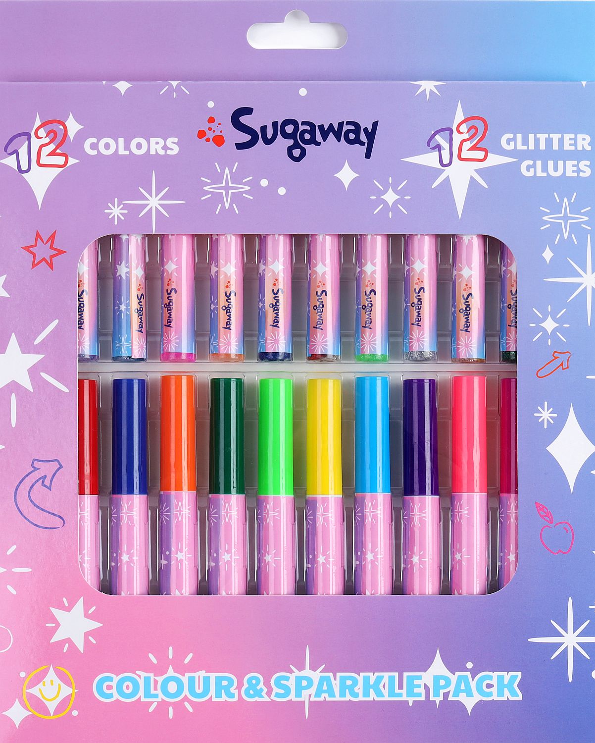 Set creativ Sugaway - 12 pixuri cu vârf de pâslă și 12 bețișoare de lipici cu sclipici