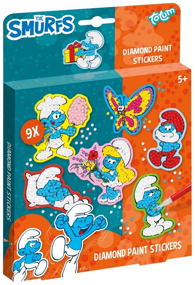 Set creativ Totum - Stickere cu diamante, Ștrumfi, 9 buc