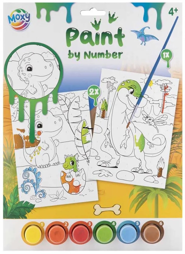 Set creativ pictură după număr Moxy - Dinozaur + 6 vopsele și pensulă
