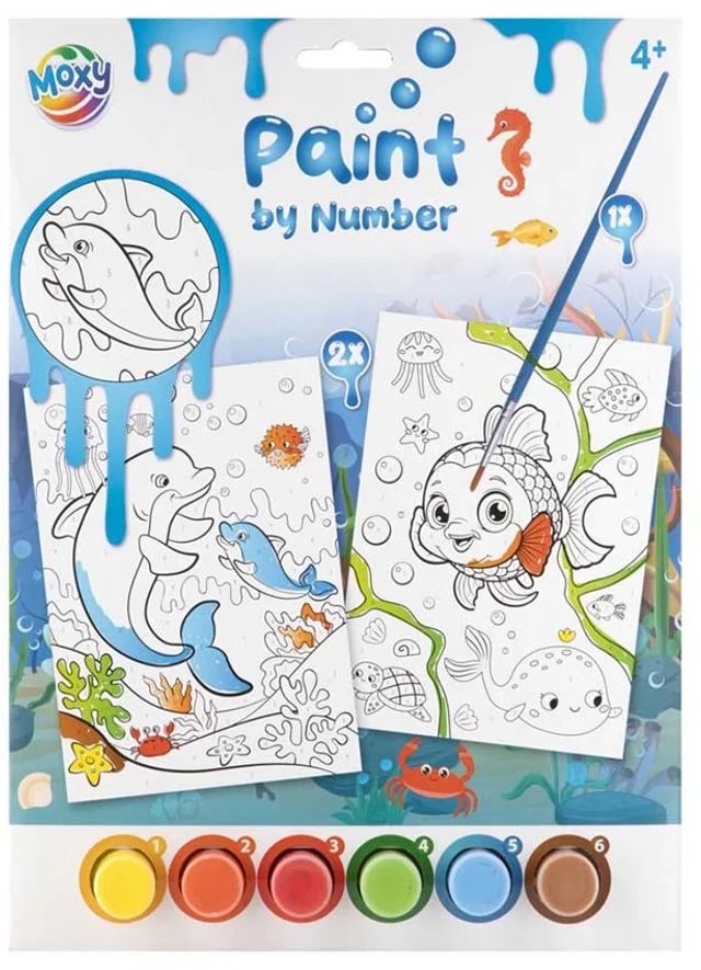 Set creativ pentru pictură după numere Moxy - Lumea subacvatică + 6 vopsele și pensulă