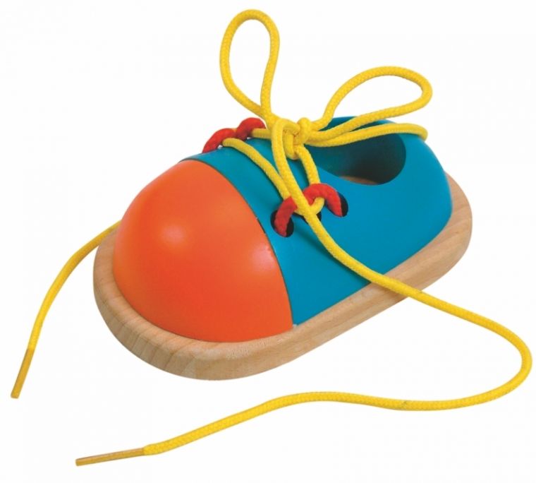 Jucarie din lemn  Woody - Pantofi cu sireturi de legat