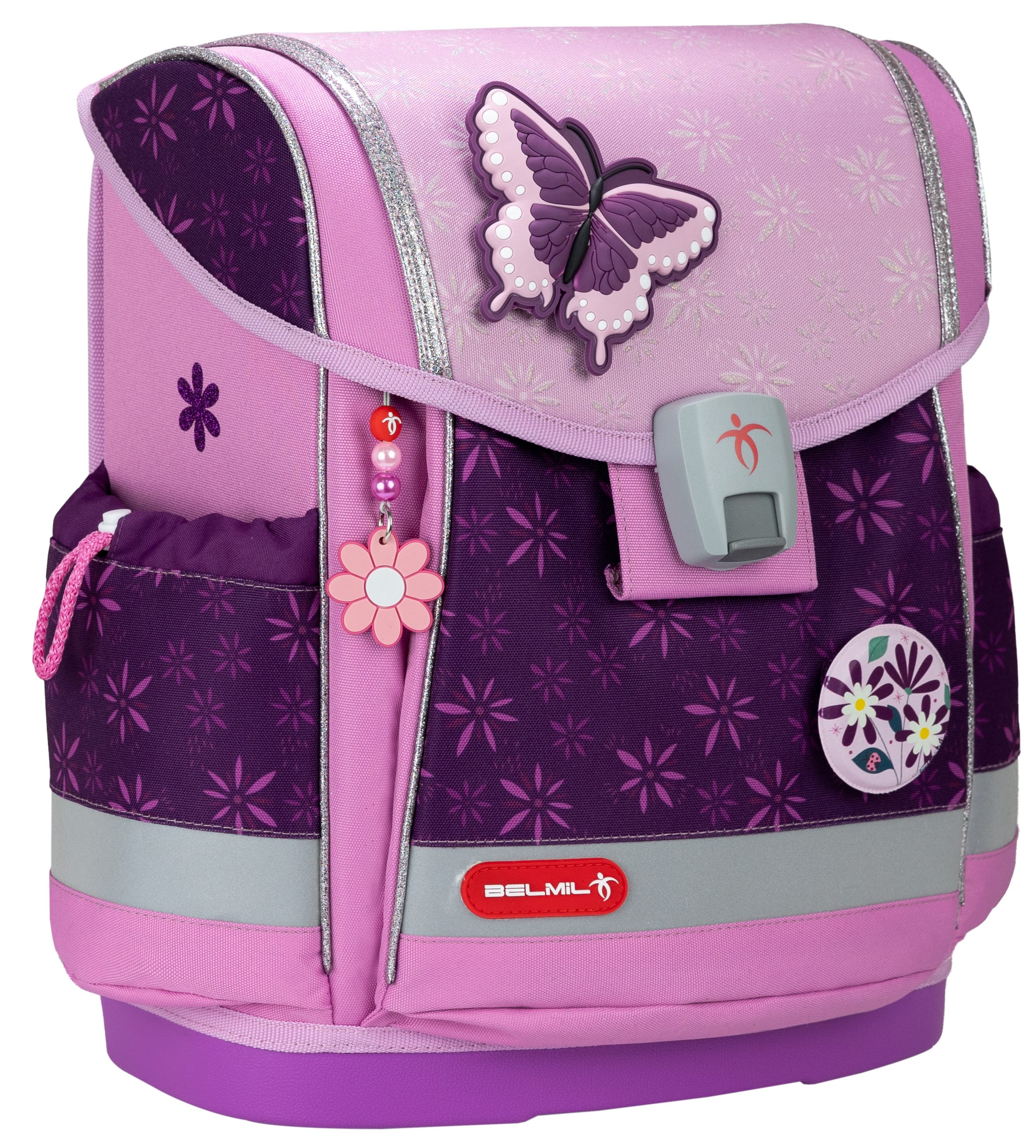 Ghiozdan -cutie de școală Belmil Classic - Purple Spring, cu 3 insigne
