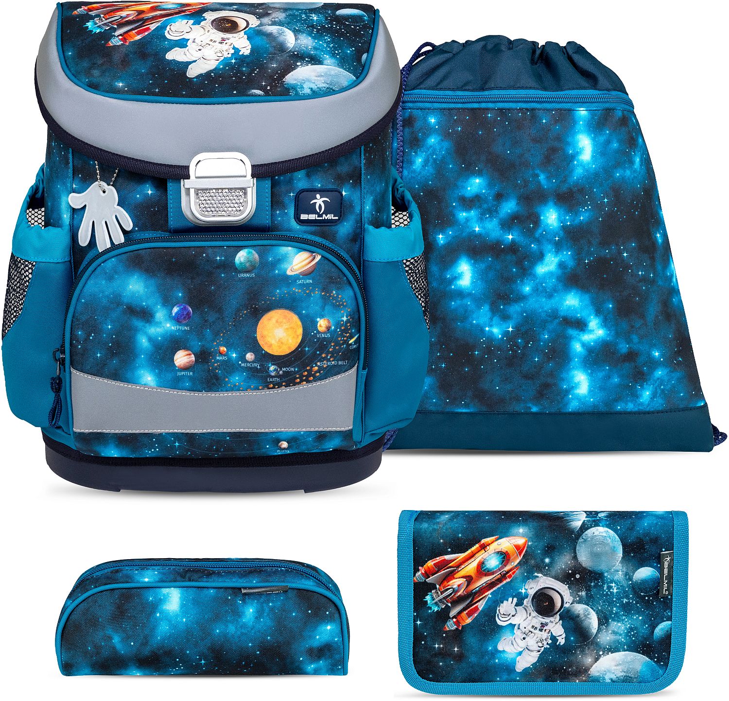 Set școlar Belmil - Infinity Space, rucsac, două penare și sac
