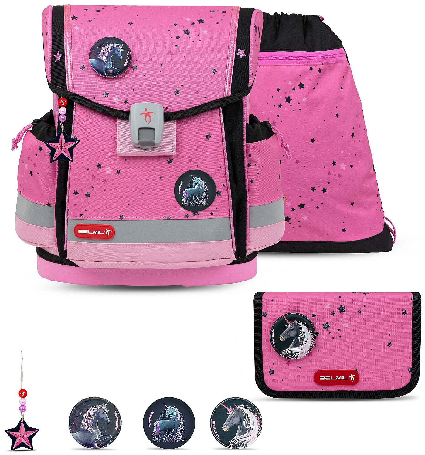 Set școlar Belmil - Pink Black, Ghiozdan, penar, sac și 3 insigne