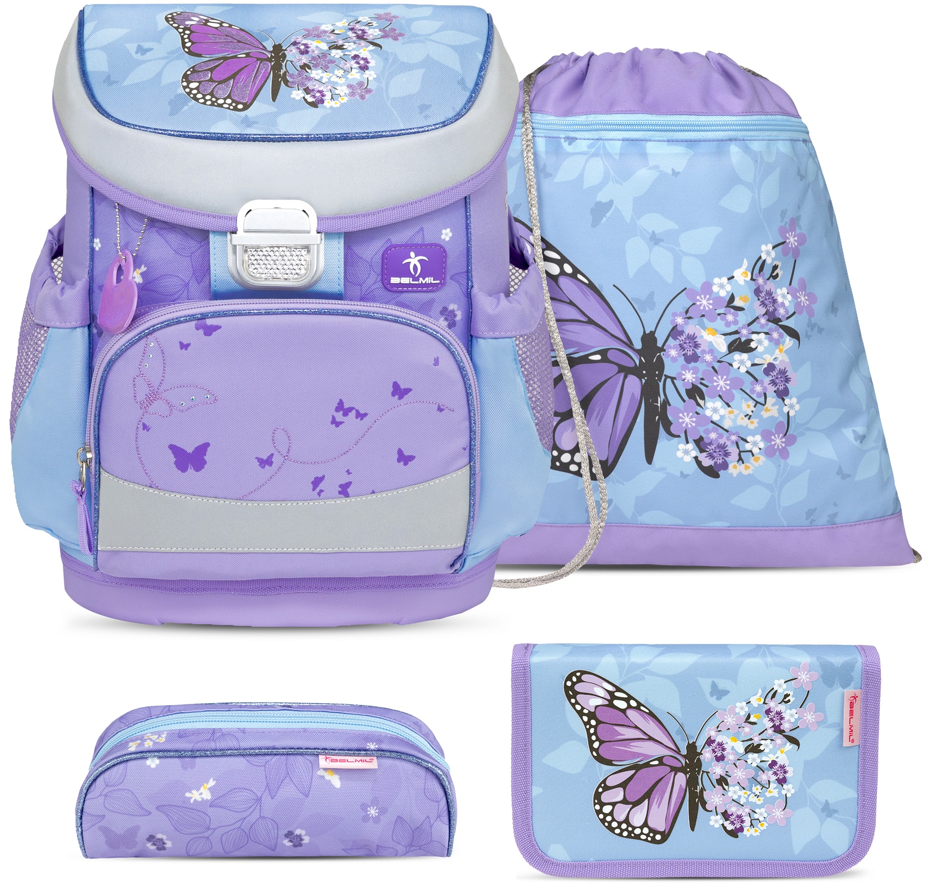 Set școlar Belmil - Purple Blue Butterfly, rucsac, 2 penare și rucsac cu cordon