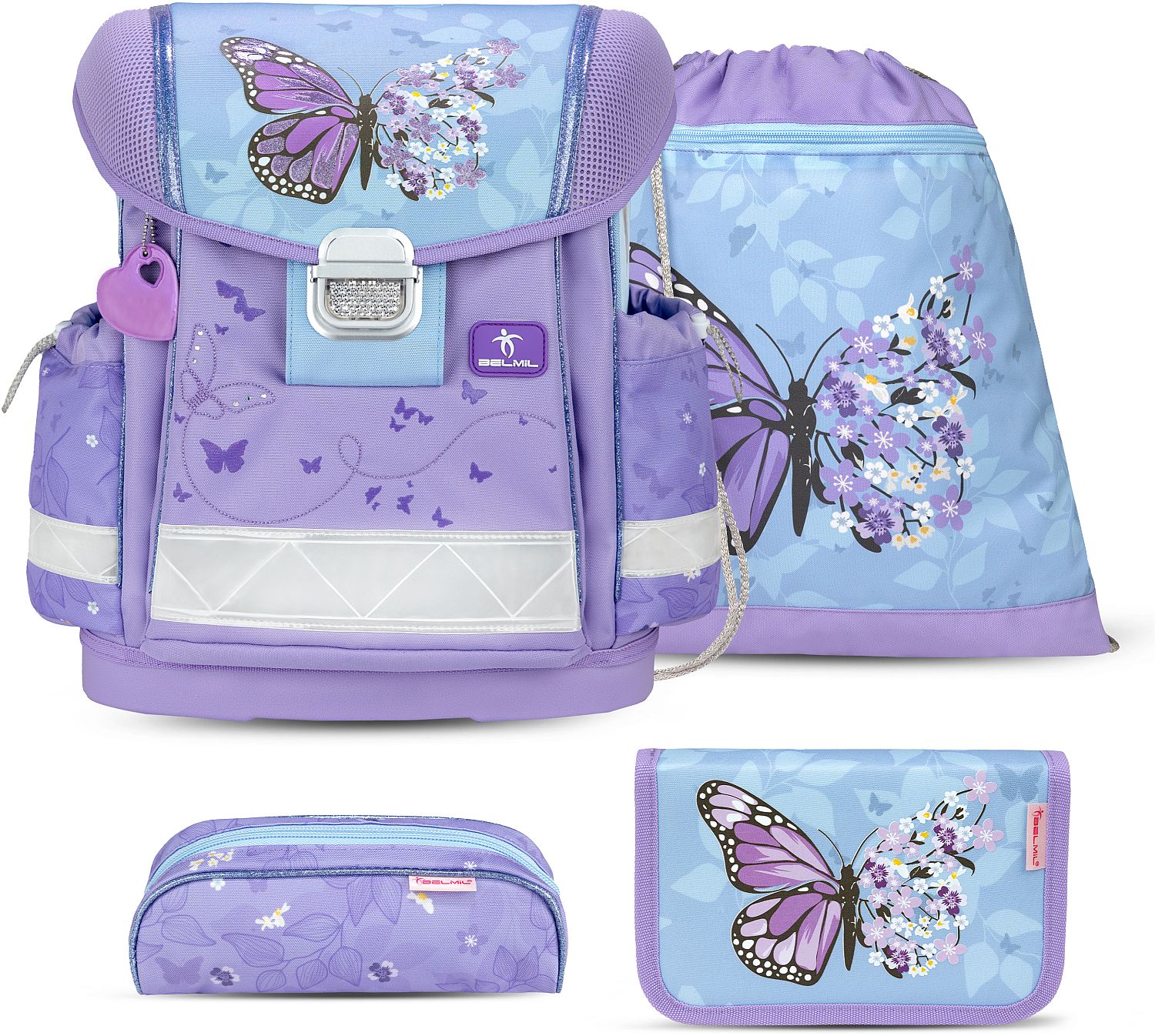 Set școlar Belmil - Purple Blue Butterfly, rucsac, două penare și sac