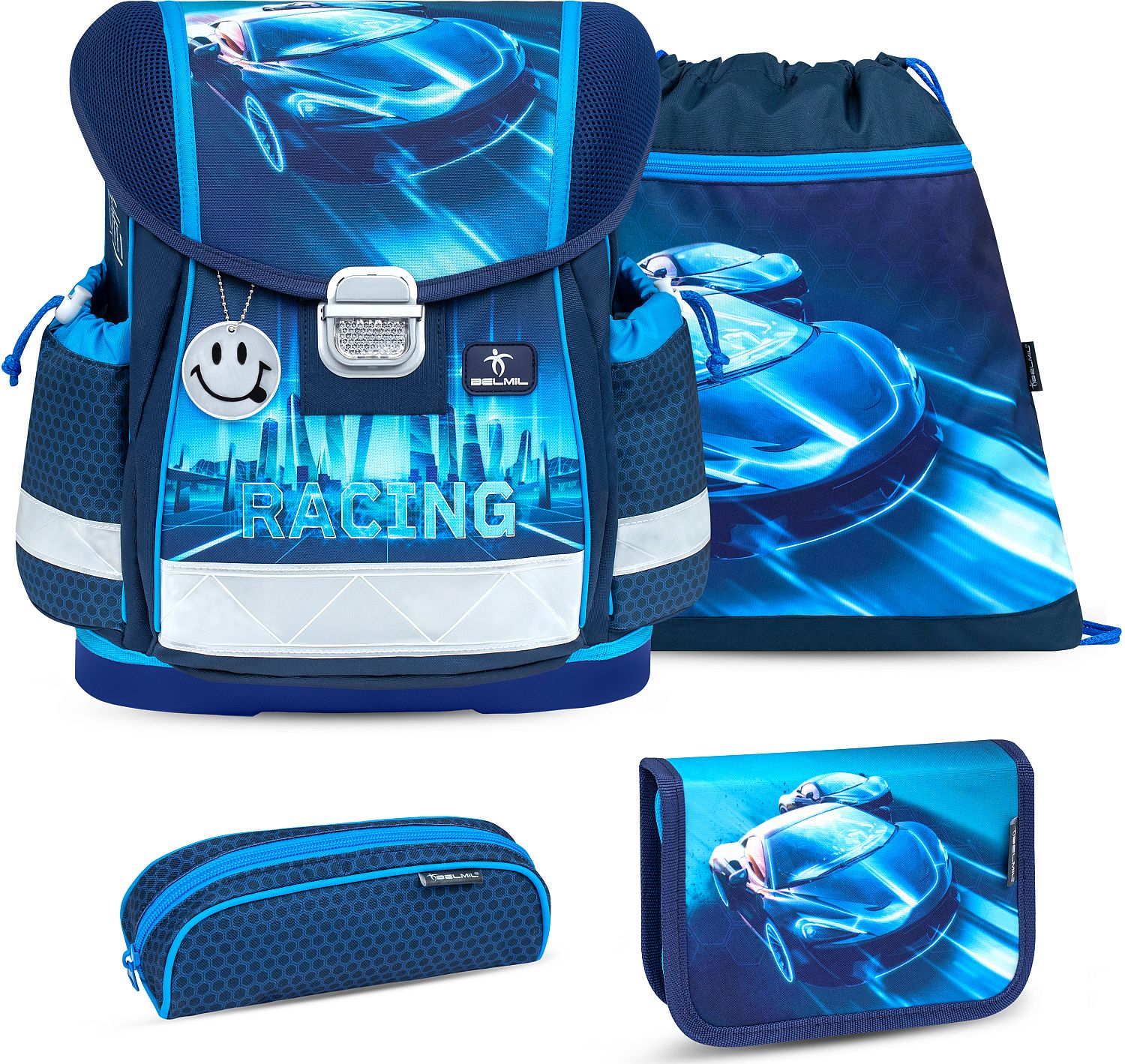 Set școlar Belmil - Racing Blue Neon, rucsac, două penare și sac