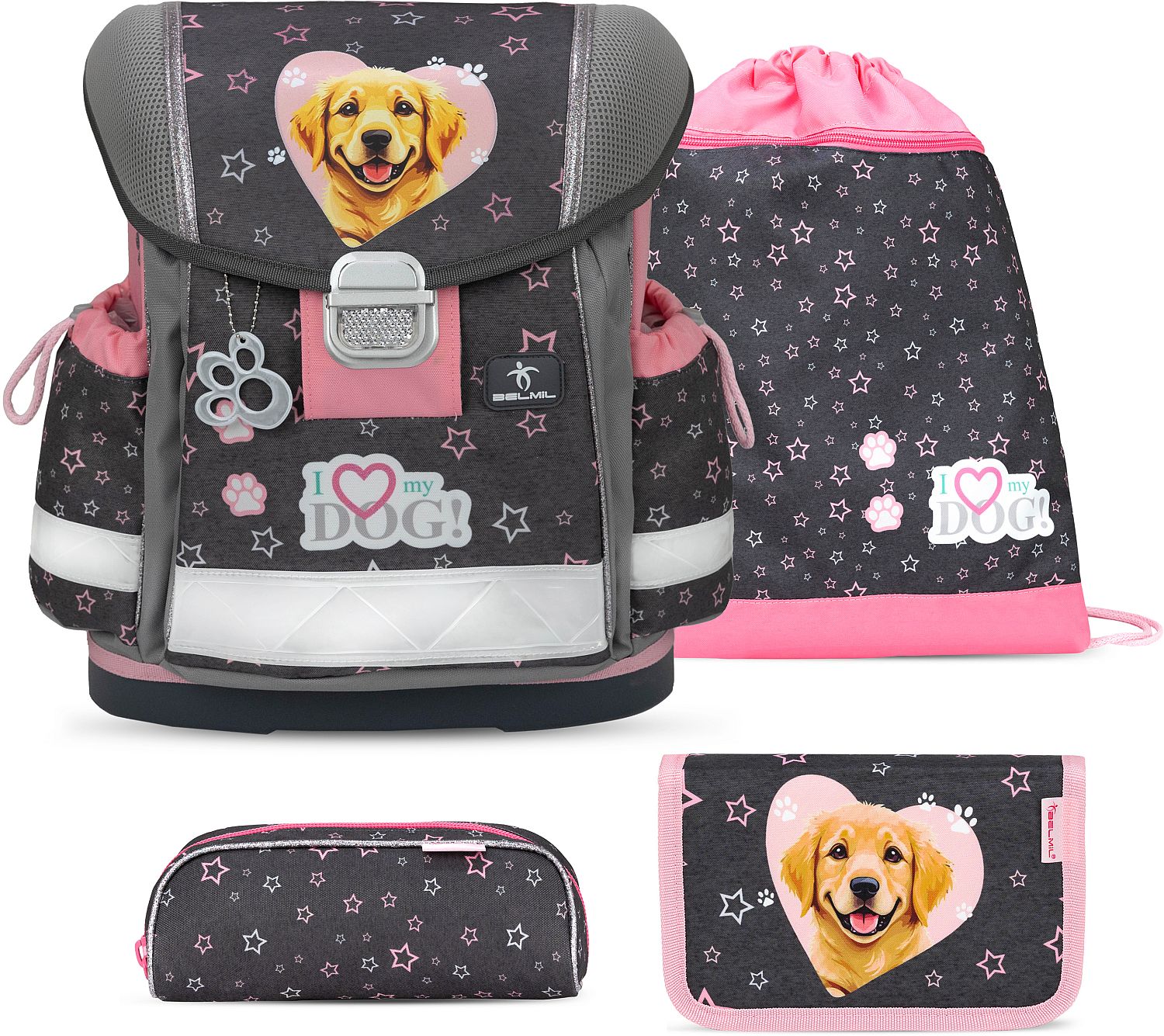 Set școlar Belmil - Starry Paws, rucsac, două penare și sac
