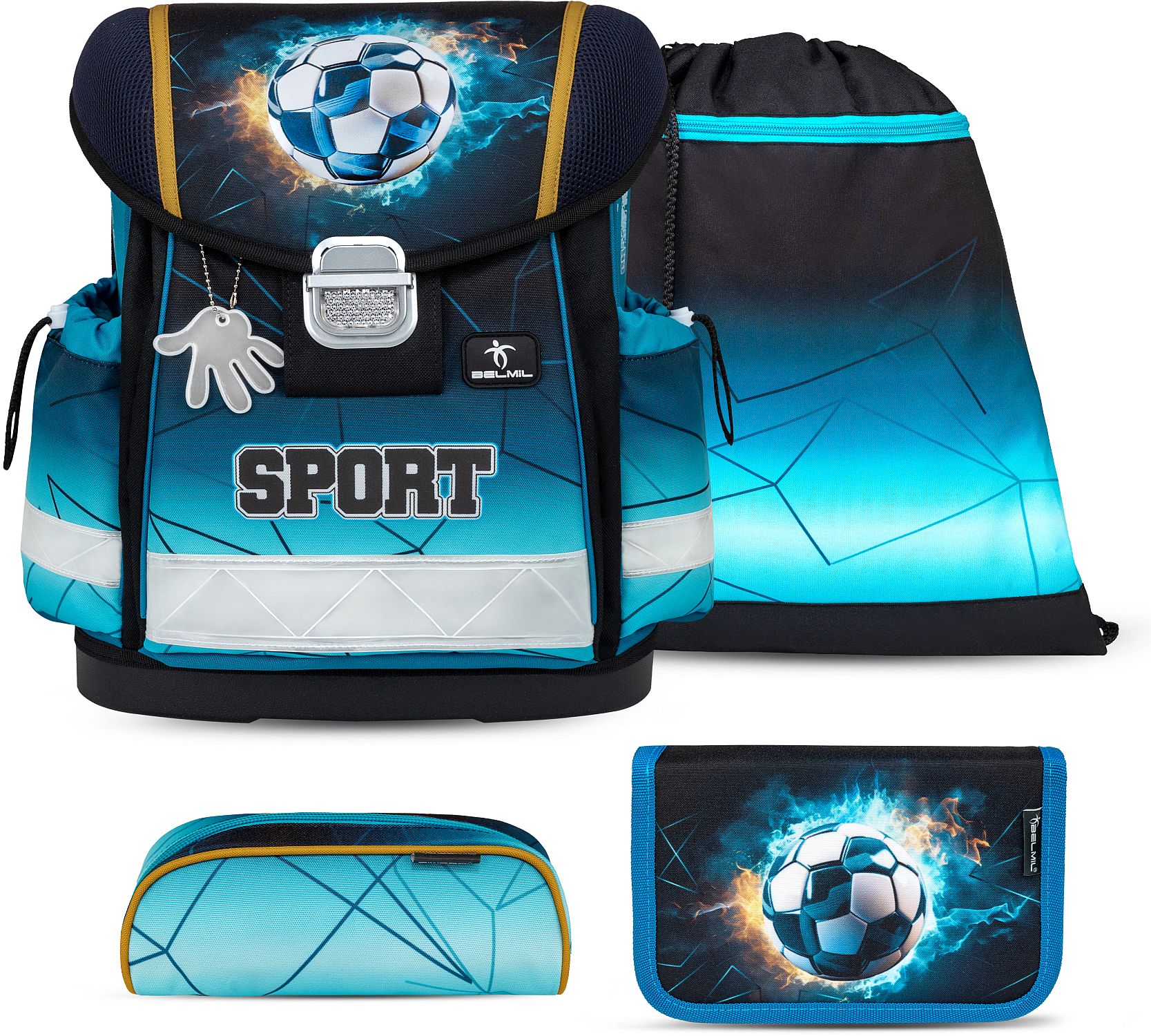 Set școlar Belmil - Storm Goal, rucsac, două penare și geantă