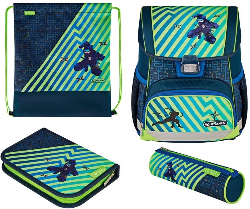 Set școlar Herlitz Loop Plus - Funky Ninja, ghiozdan, două penare și un săculeț