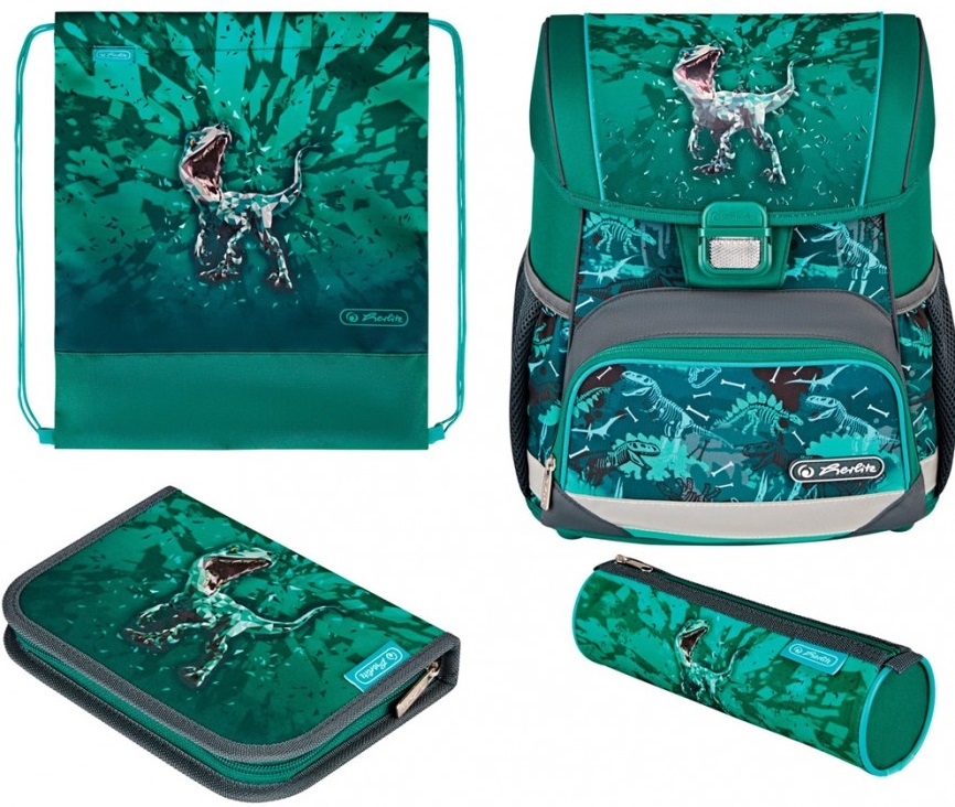 Set școlar Herlitz Loop Plus - Green Rex, Ghiozdan, geantă de sport și 2 penare
