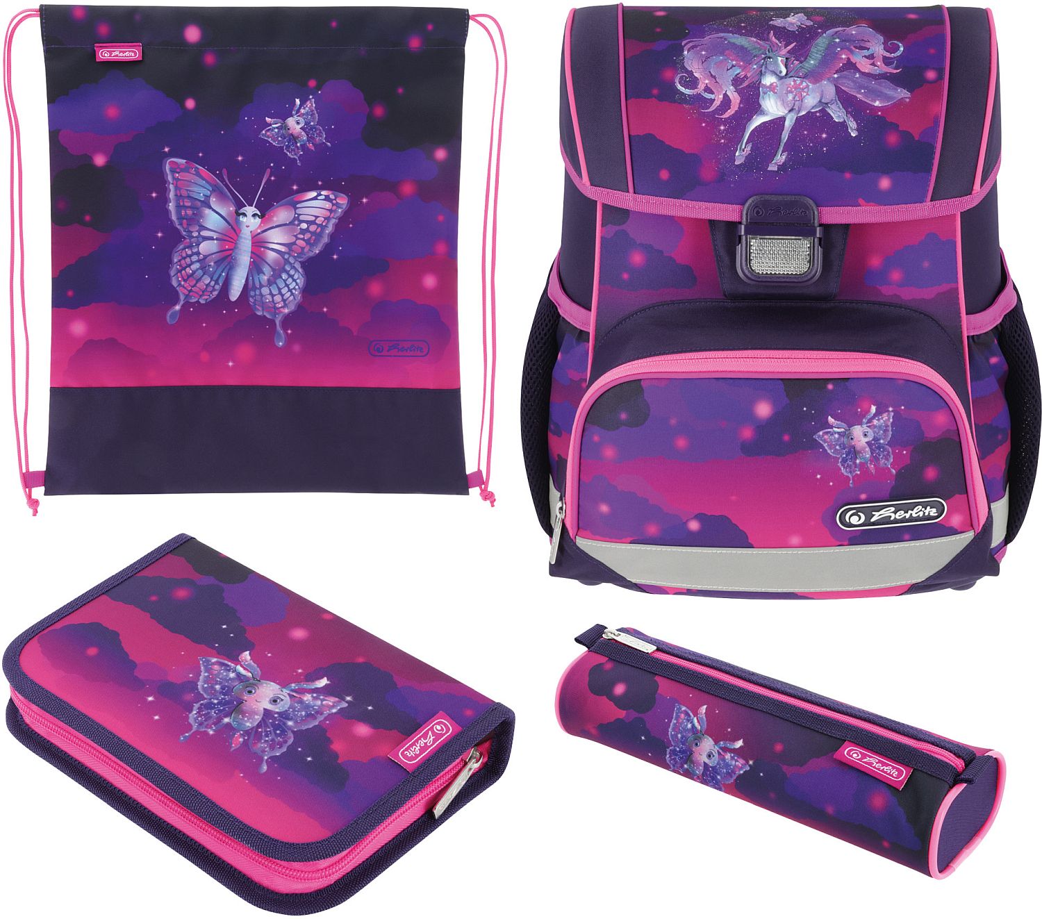 Set școlar Herlitz Loop Plus - Magic Unicorn, ghiozdan două penare și un săculeț