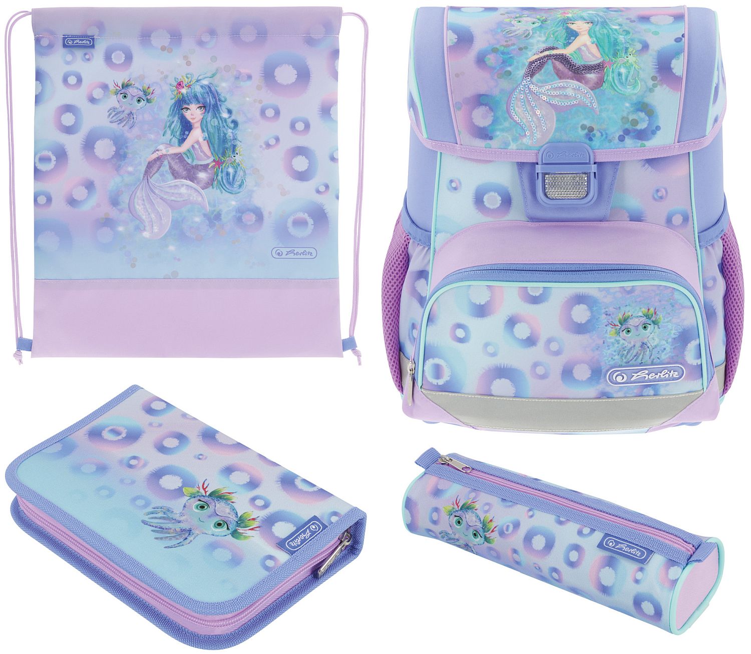 Set școlar Herlitz Loop Plus - Mystic Mermaid, ghiozdan două penare și un săculeț