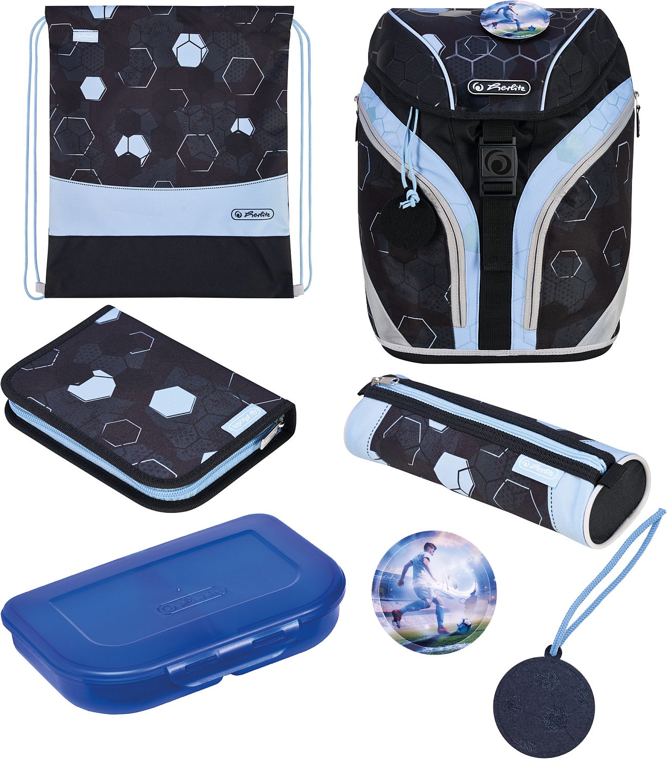 Set școlar Herlitz SoftLight Plus - Cyber Soccer, rucsac, două penare, săculeț și cutie pentru mâncare
