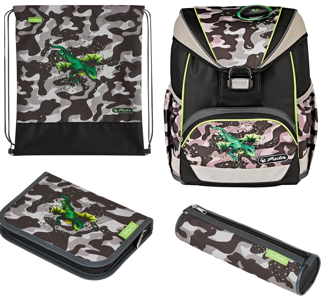 Set școlar Herlitz UltraLight Plus - Camo Dragon, ghiozdan, două penare și un săculeț