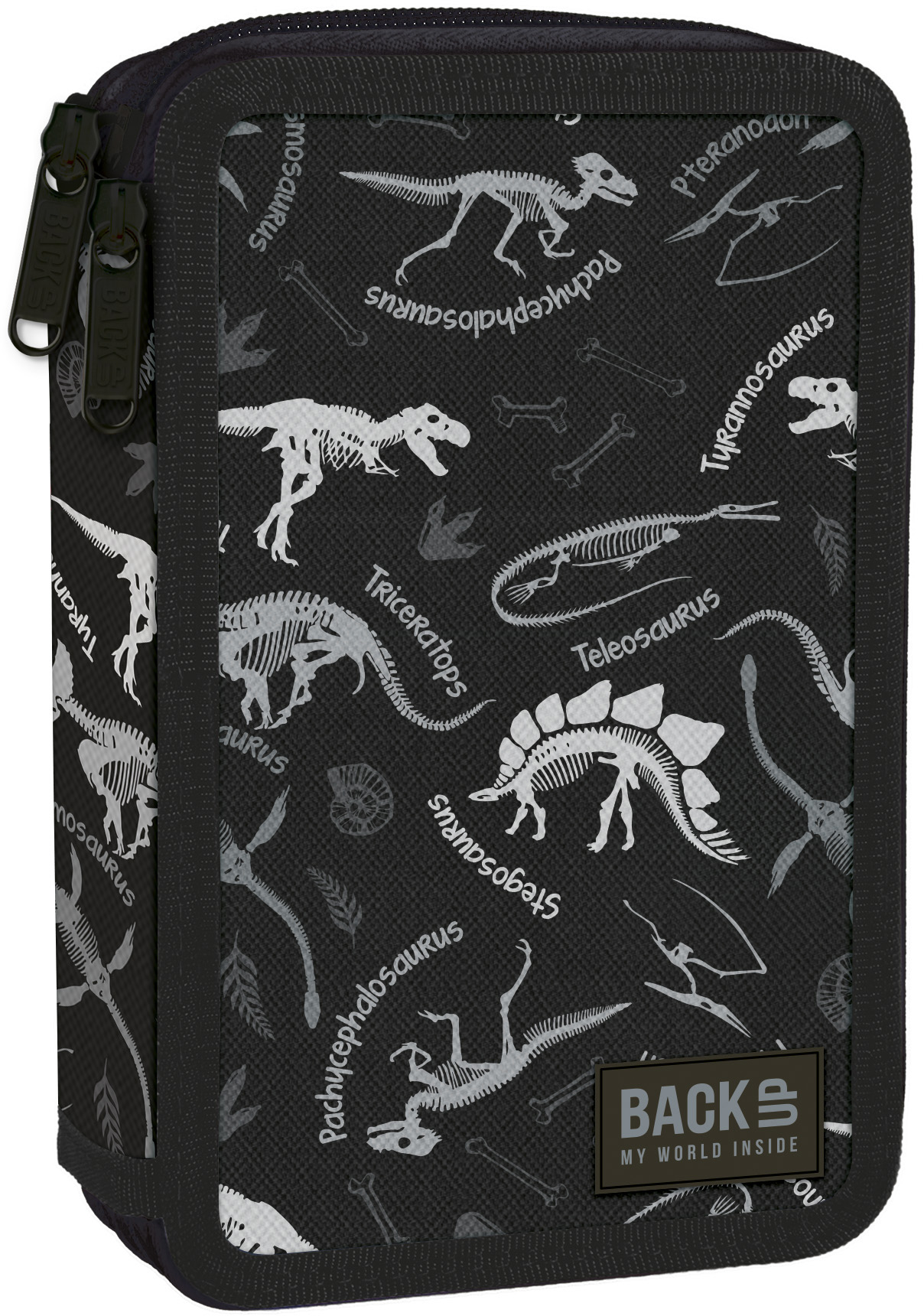 Penar școlar echipat Derform BackUp - Black dinosaurs, 2 fermoare